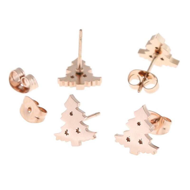 Rose Gold Stainless Steel Earrings - Christmas Tree Studs - 10mm x 9mm - 2 Pieces 1 Pair - ER353