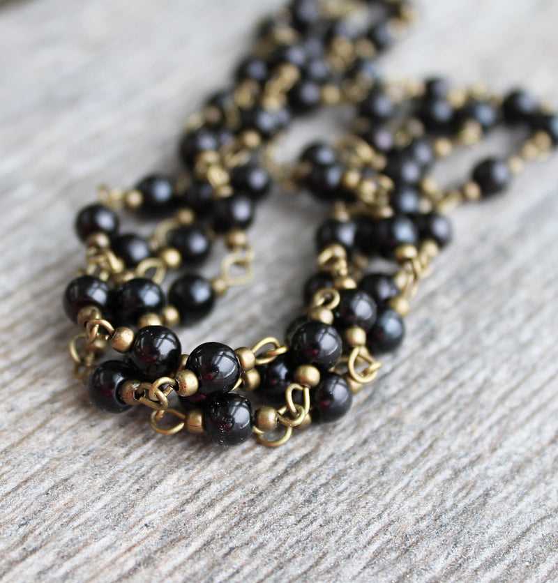 BULK Beaded Rosary Chain - 6mm Black Pearl Glass & Antique Bronze Tone Brass - 3.3ft or 1m - N273