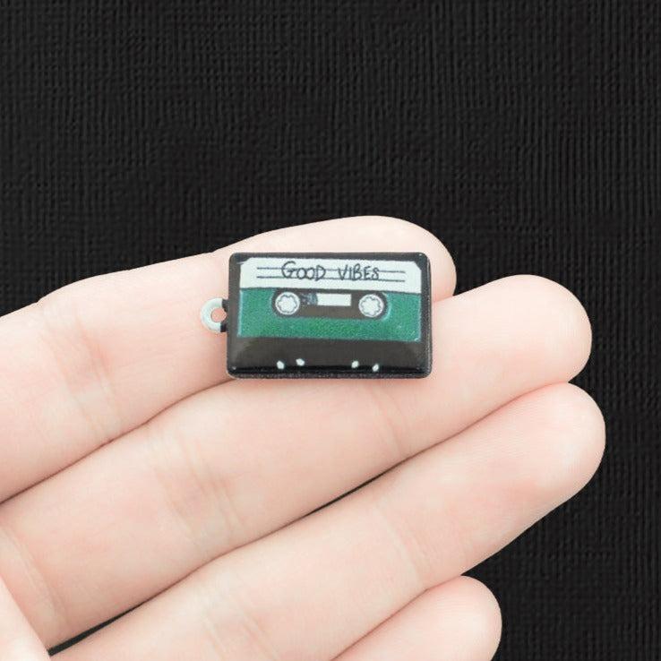 4 Black Cassette Tape Silver Tone Enamel Charms - E1524