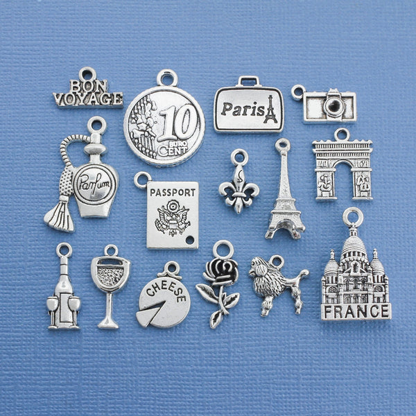 France Charm Collection Antique Silver Tone 15 Different Charms - COL102