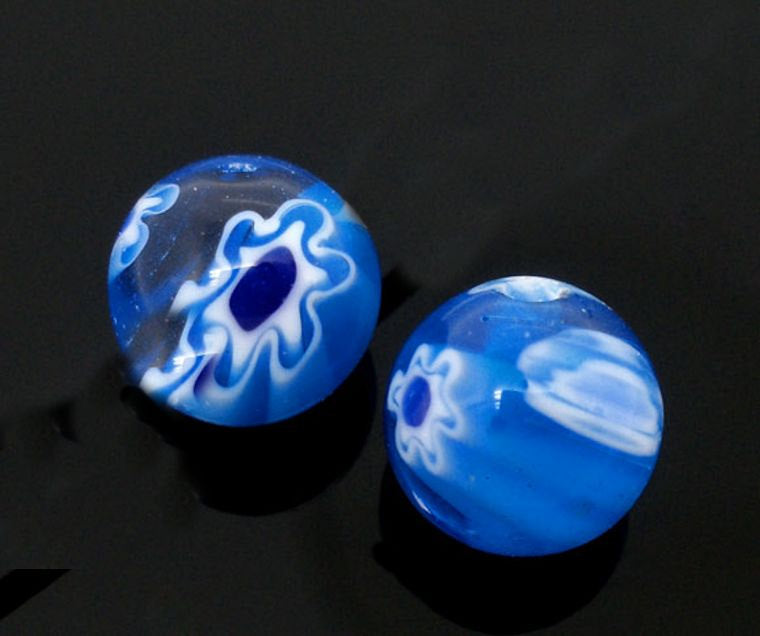 Round Millefiori Glass Beads 8mm - Beautiful Blues and White - 20 Beads - BD257