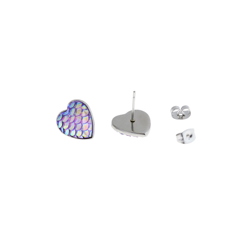 Stainless Steel Earrings - Purple Heart Mermaid Scale Studs - 13mm - 2 Pieces 1 Pair - ER225
