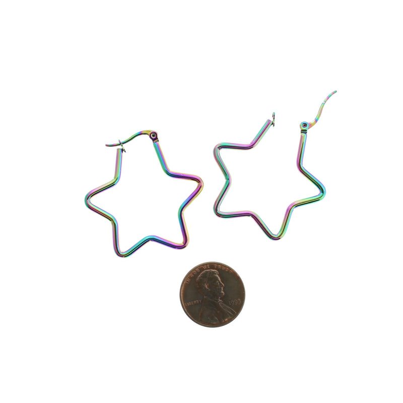 Boucles d'oreilles créoles étoiles - Acier inoxydable galvanisé arc-en-ciel - Dos à levier 36 mm - 2 pièces 1 paire - Z156