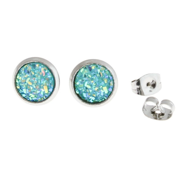 Turquoise Druzy Earrings - Stainless Steel Stud - 8mm - 2 Pieces 1 Pair - ER218
