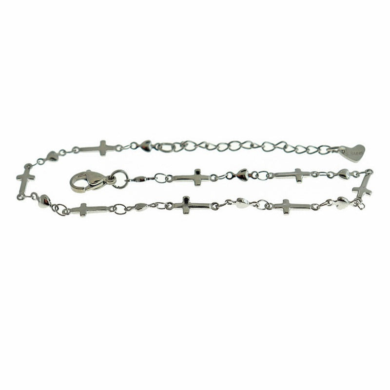 Stainless Steel Cross Heart Chain Bracelet 11" Plus Extender - 3mm - 1 Bracelet - N498