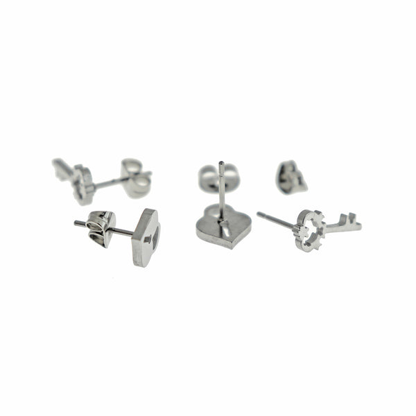 Stainless Steel Earrings - Key and Lock Studs - 12mm x 6mm & 9mm x 8mm - 2 Pieces 1 Pair - ER877