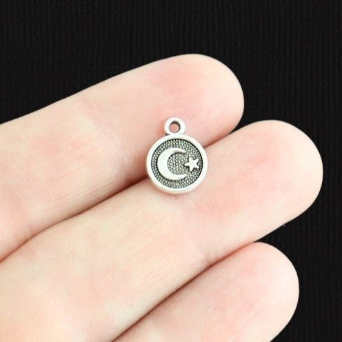 15 Crescent Moon Antique Silver Tone Charms 2 Sided - SC3752