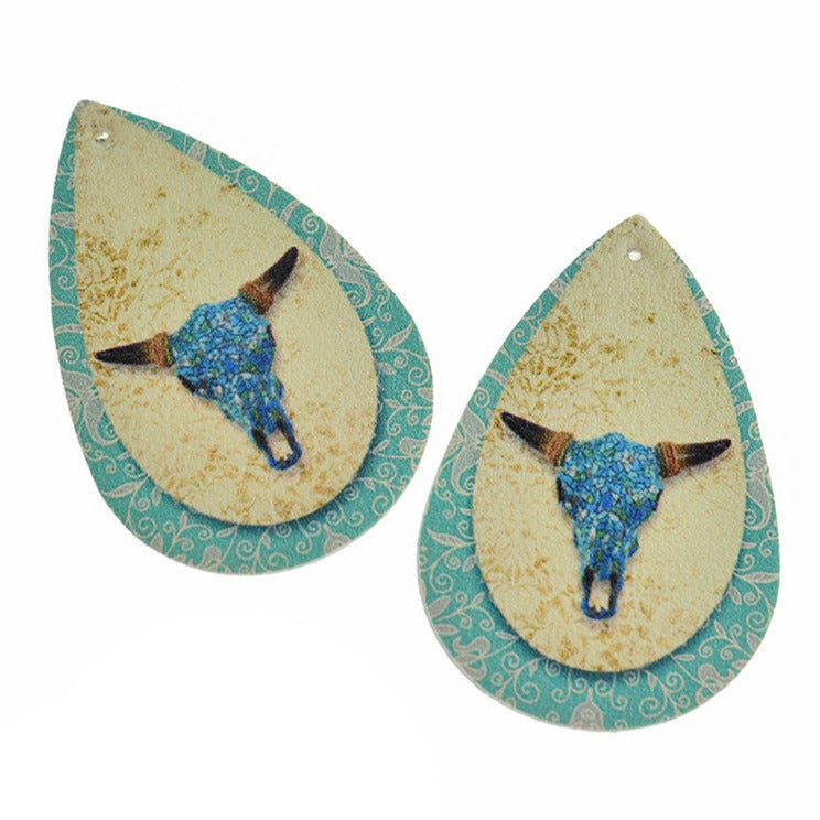 Imitation Leather Teardrop Pendants - Turquoise Cattle Skull - 2 Pieces - LP271