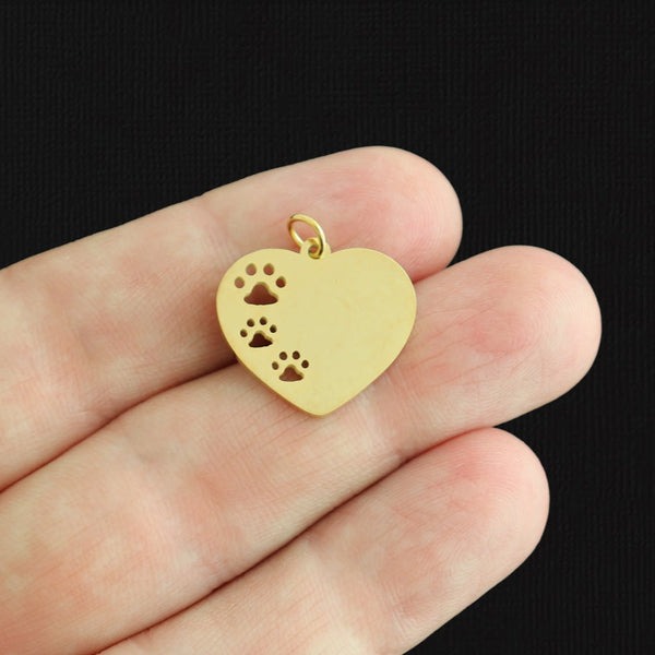 Heart Paw Print Gold Tone Stainless Steel Charm - SSP599