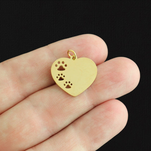 BULK 5 Heart Paw Print Gold Tone Stainless Steel Charms - SSP599