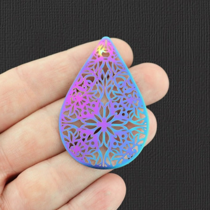 2 Filigree Teardrop Rainbow Electroplated Stainless Steel Charms 2 Sided - SSP211