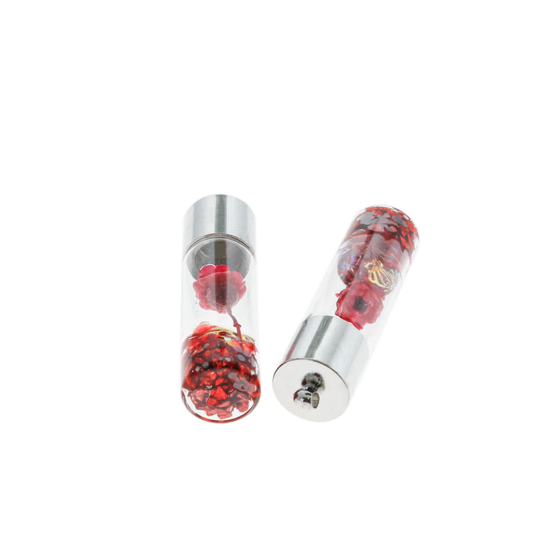 2 pendentifs de bouteille de souhaits en verre floral rouge 3D - Z812