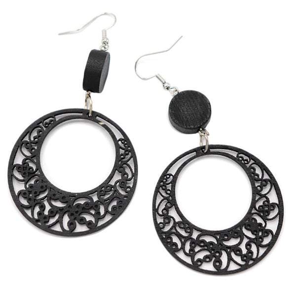 Black Wood Filigree Earrings - French Hook Style - 2 Pieces 1 Pair - ER262