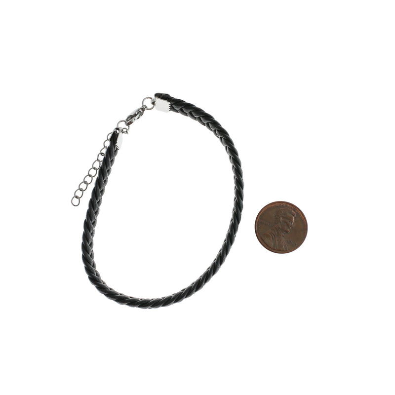 Black Faux Leather Braided Bracelet 7" Plus Extender - 3mm - 1 Bracelet - N804