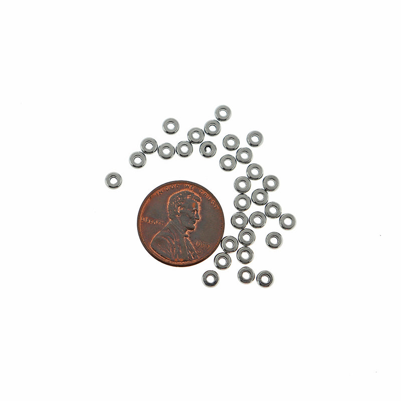 Flat Round Stainless Steel Spacer Beads 4mm x 1.5mm - Silver Tone - 25 Beads - MT762