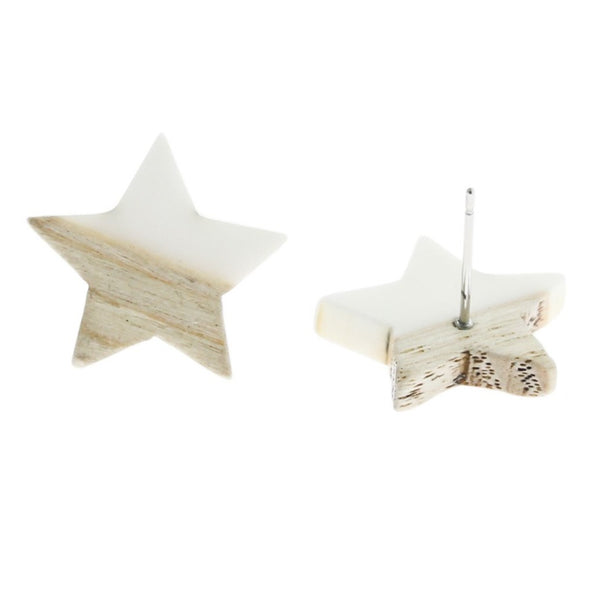 Wood Stainless Steel Earrings - White Resin Star Studs - 18mm x 17mm - 2 Pieces 1 Pair - ER138