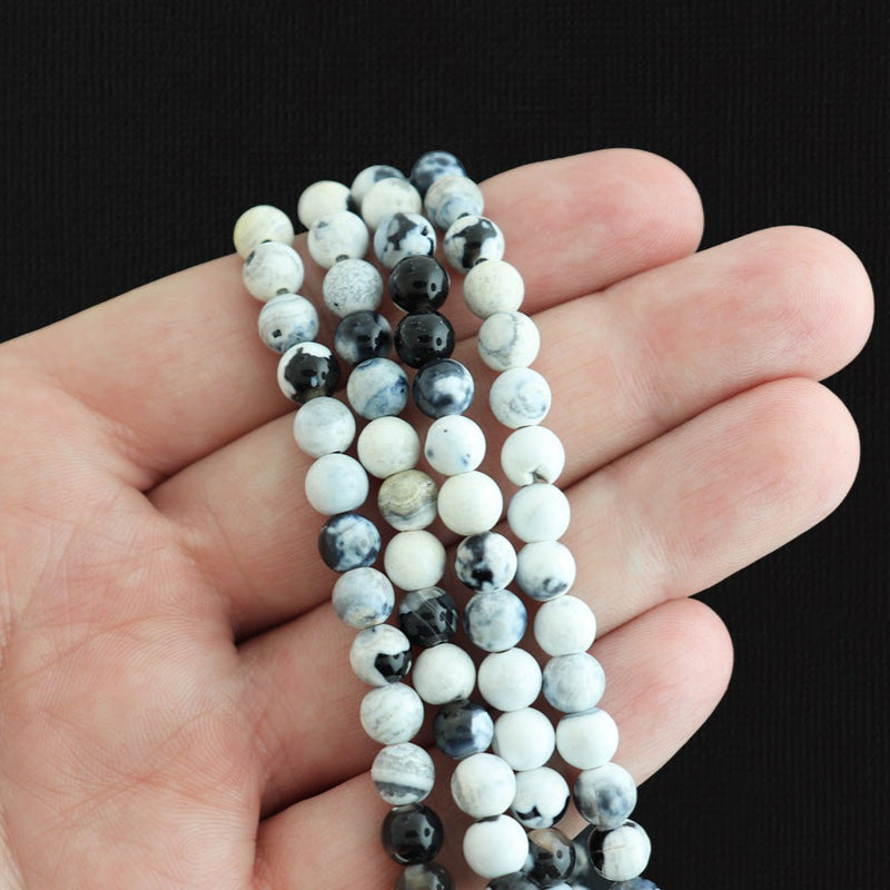 Round Natural Agate Beads 6mm - Black and White - 1 Strand 60 Beads - BD1650