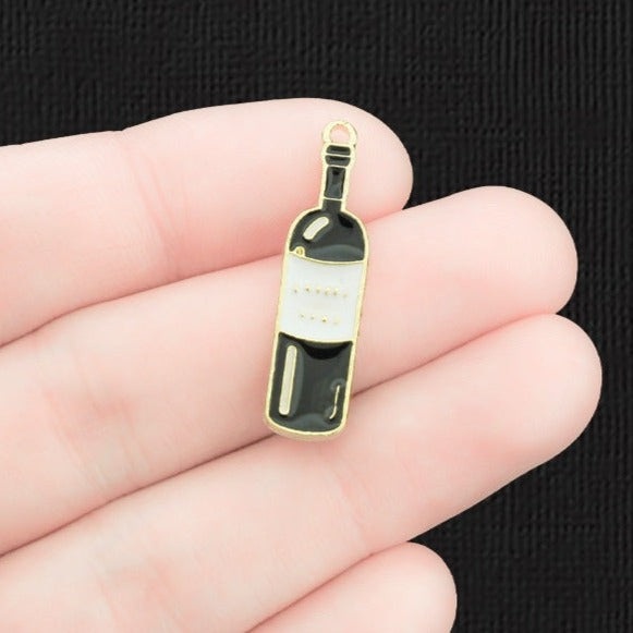 4 Black Wine Bottle Gold Tone Enamel Charms - E1483