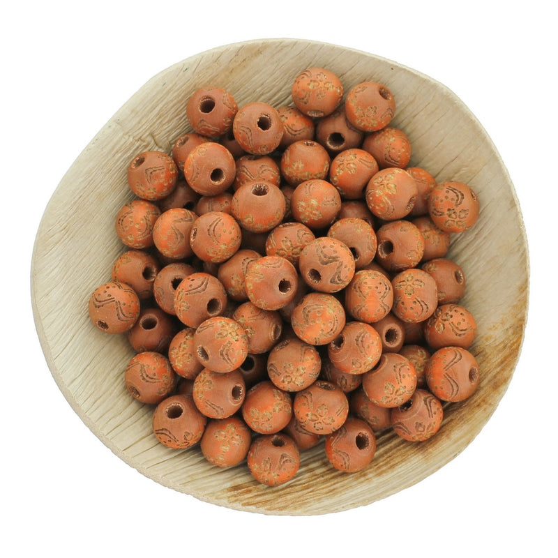 Round Wooden Beads 10mm - Natural Brown Floral Pattern - 10 Beads - BD153