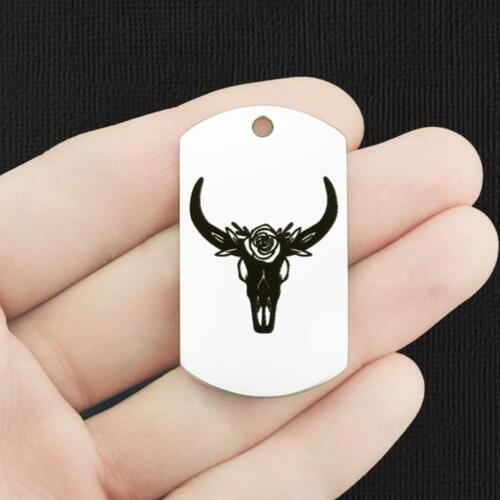 Floral Cattle Skull Stainless Steel Dog Tag Charms - BFS024-7820