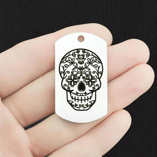 Floral Skull Stainless Steel Dog Tag Charms - BFS024-7825