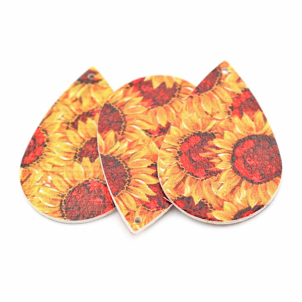 Imitation Leather Teardrop Pendants - Sunflower Floral - 4 Pieces - LP054