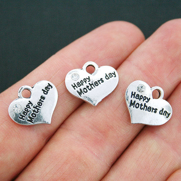 4 Happy Mothers Day Heart Antique Silver Tone Charms 2 Sided With Inset Rhinestones - SC3566