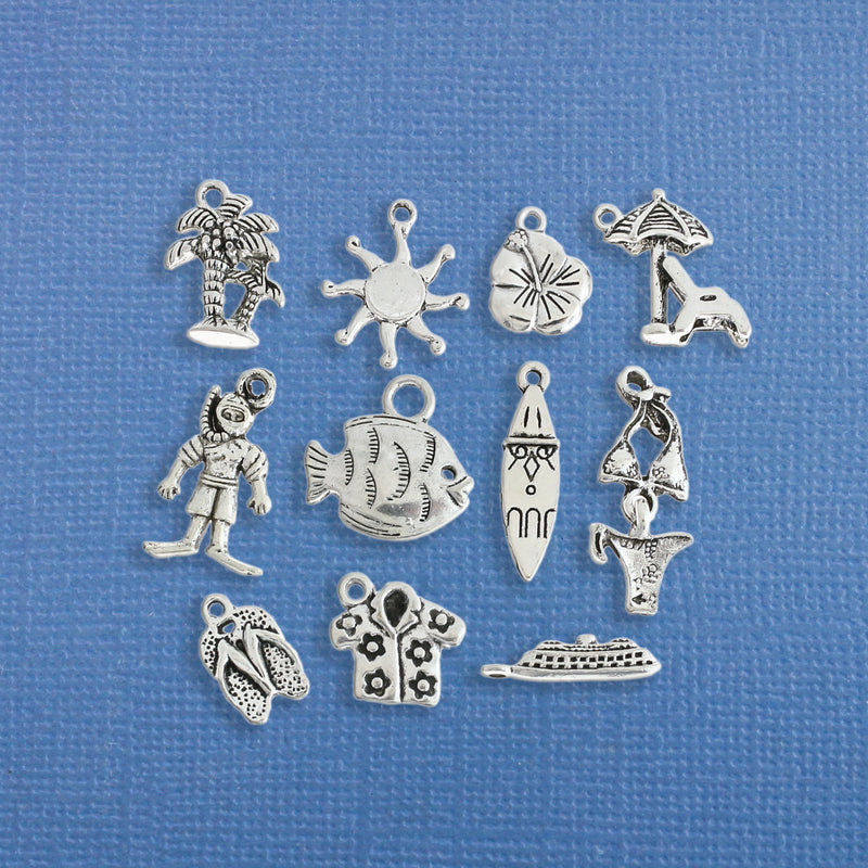 Tropical Vacation Charm Collection Antique Silver Tone 11 Different Charms - COL208