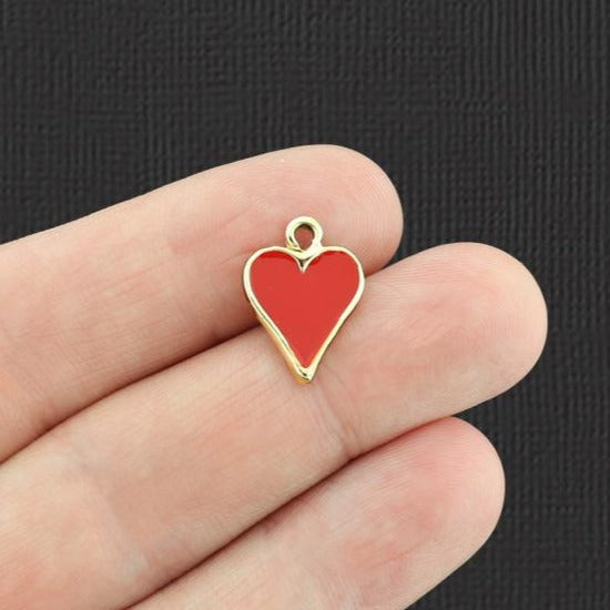 5 Red Heart Gold Tone Enamel Charms - E490