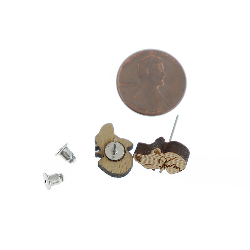 Wood Stainless Steel Earrings - Fox Studs - 13mm x 10mm - 2 Pieces 1 Pair - ER452