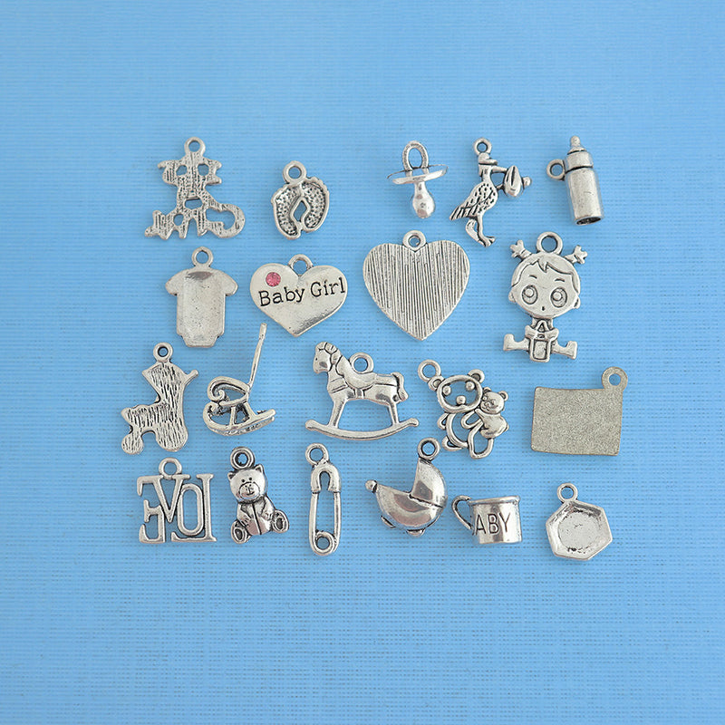 Deluxe Baby Girl Charm Collection Antique Silver Tone 20 Charms - COL285