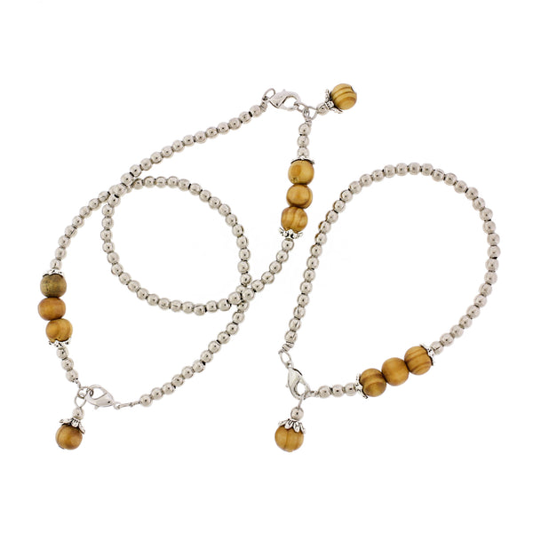 Bracelets de perles de bois rondes - 55 mm - Perles d'espacement de ton argent - 5 Bracelets - BB188