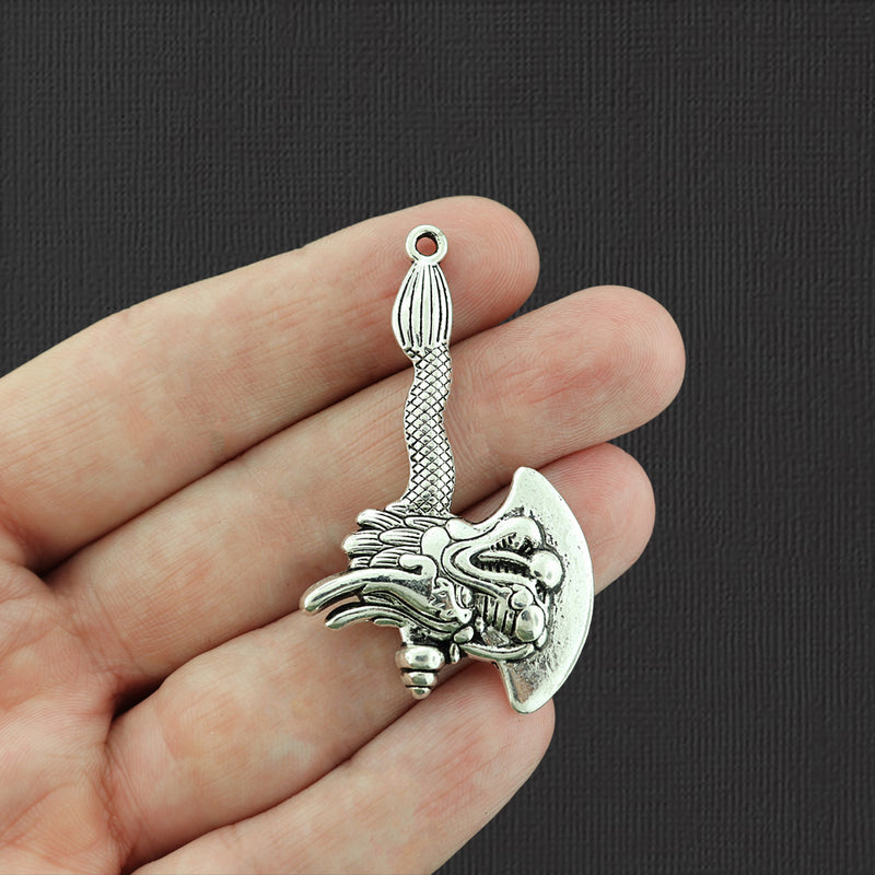 2 Dragon Axe Antique Silver Tone Charms 2 Sided - SC5826