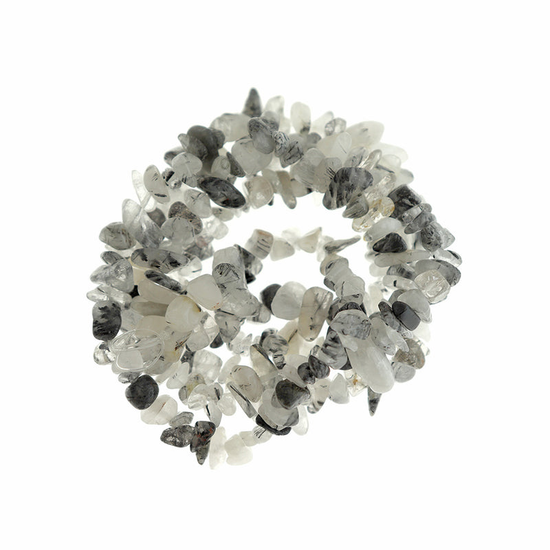 Perles de quartz rutile naturel Chip 5mm - 14mm - Blanc laiteux et noir - 1 brin 225 perles - BD1226