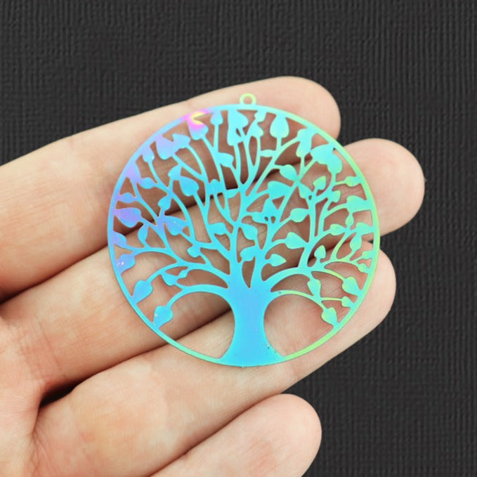 2 Tree of Life Rainbow Electroplated Stainless Steel Charms 2 Sided - SSP233