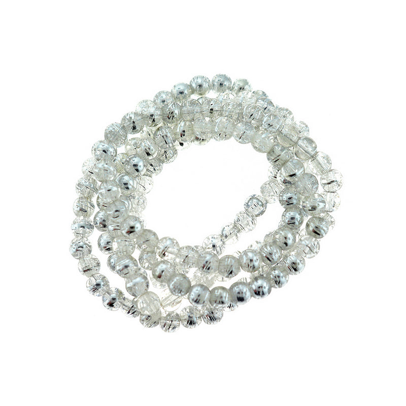 Round Glass Beads 6mm - Silver Drawbench Clear Ice Crackle - 1 Strand 140 Beads - BD2357