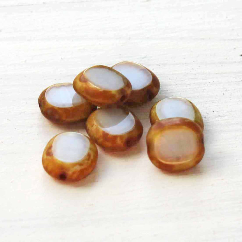 Perles ovales en verre pressé tchèque 10 mm x 9 mm - Blanc Picasso - 5 perles - CB091