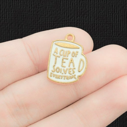 6 Tea Gold Tone Enamel Charms - A Cup of Tea Solves Everything - E645