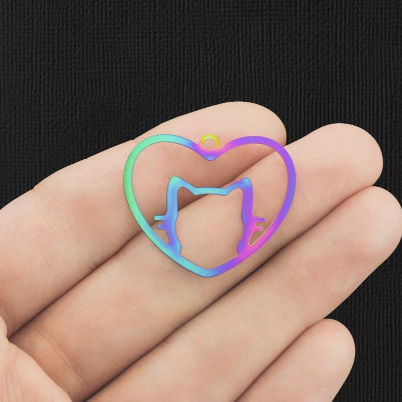 4 Heart Cat Rainbow Electroplated Stainless Steel Charms 2 Sided - SSP317