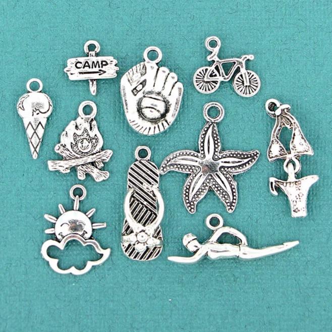 Summer Charm Collection Antique Silver Tone 10 Different Charms - COL091