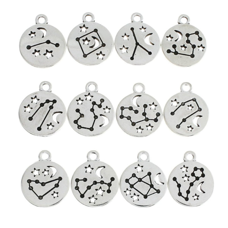 Zodiac Constellation Collection Antique Silver Tone 12 Different Charms - COL366