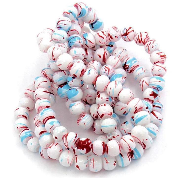 Round Glass Beads 6mm - Mottled White, Blue and Red - 35 Beads - BD262