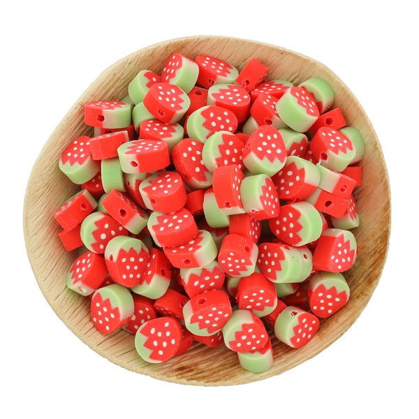 Flat Polymer Clay Beads 10mm x 8mm - Red and Green Strawberry - 50 Beads - BD1373