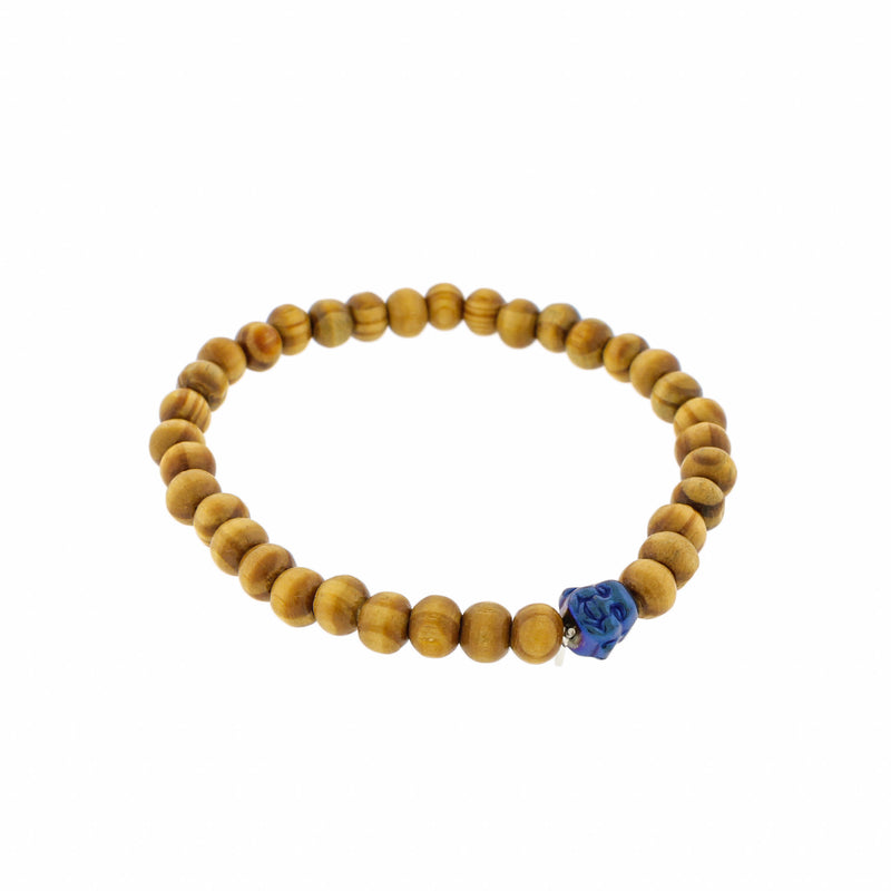 Round Wood Bead Bracelet - 59mm - Blue Resin Buddha - 1 Bracelet - BB077