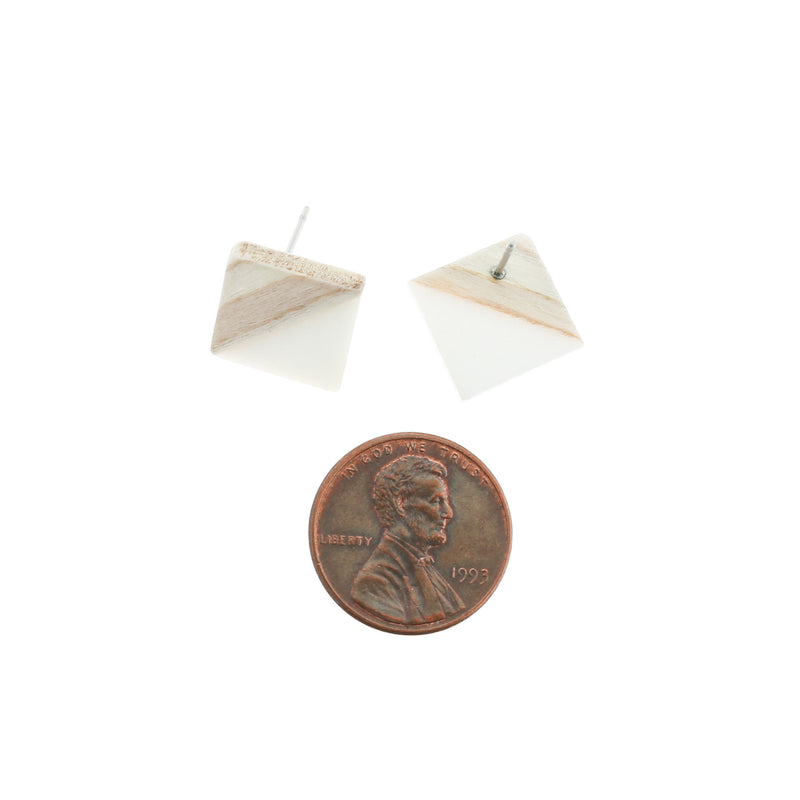 Wood Stainless Steel Earrings - White Resin Rhombus Studs - 18mm x 17mm - 2 Pieces 1 Pair - ER158