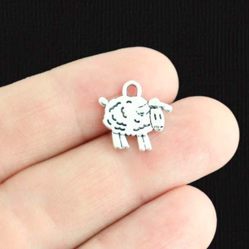 10 Sheep Antique Silver Tone Charms 2 Sided - SC2308