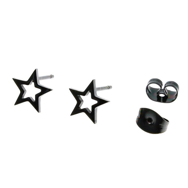 Boucles d'oreilles en acier inoxydable noir Gunmetal - Clous d'étoiles ouvertes - 8mm x 8mm - 2 pièces 1 paire - ER078