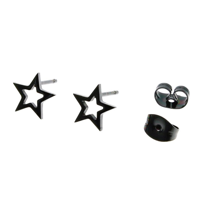 Gunmetal Black Stainless Steel Earrings - Open Star Studs - 8mm x 8mm - 2 Pieces 1 Pair - ER078