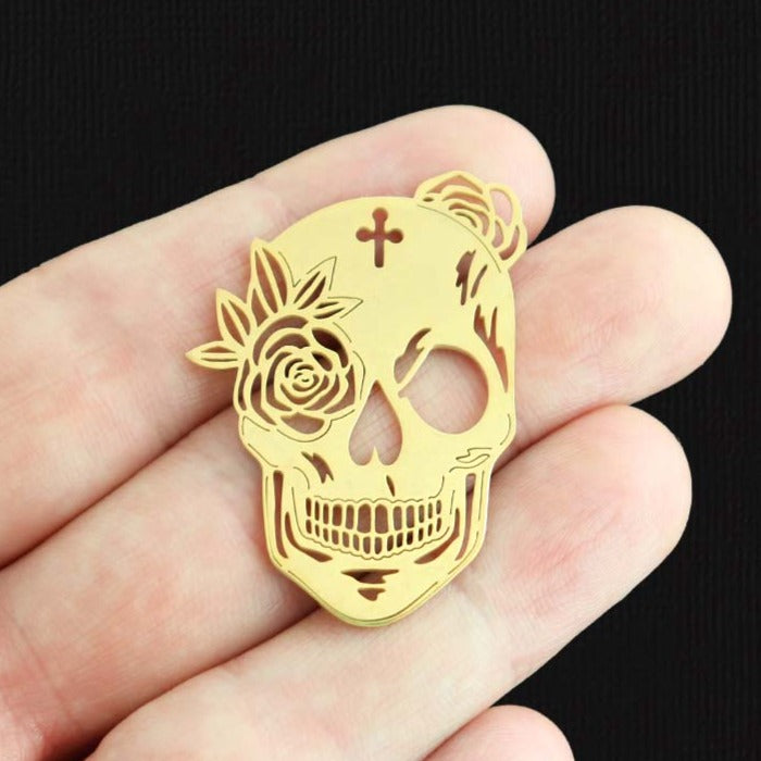 Floral Skull Gold Stainless Steel Charm 2 Sided - SSP505