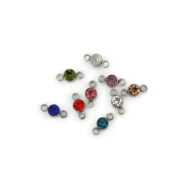 6 Rhinestone Drop Connector Silver Tone Stainless Steel Charms - FD243